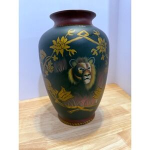 Large Hand-Painted Lion Vase – 13" Tall – Floral Design